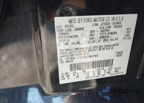 2003 Ford F-150 Lariat from USA, damaged, VIN 1FTRW07323KD84765